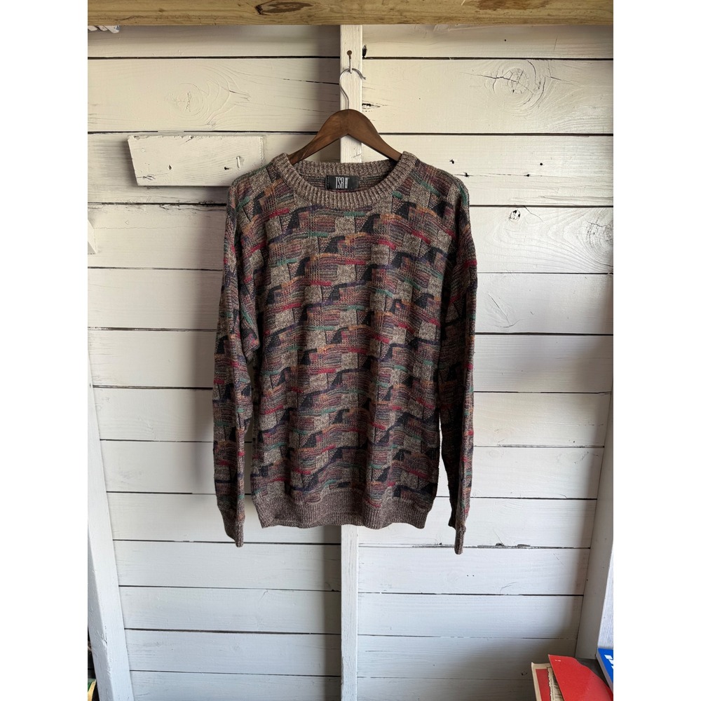 Vintage TSR Mens Geometric Knit Sweater Brown Multi Color Crewneck Made in USA L